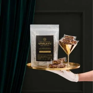 Saffron Rose Fig & Honey Nougat 3 Luxury Dark Chocolate Pistachio Nougat gift pouch from Sacred Delights, handcrafted artisanal nougat in South Africa