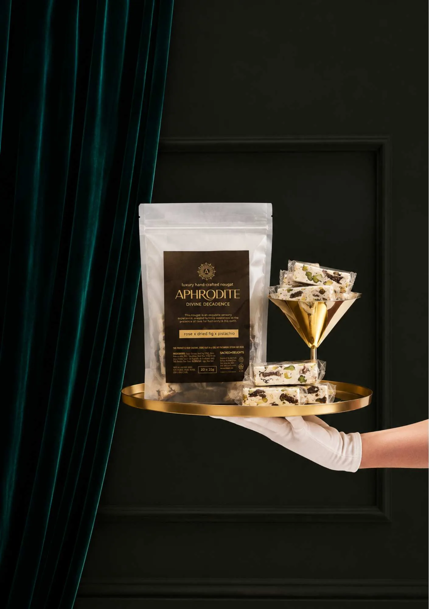 Luxury Fig Pistachio Rose Nougat gift pouch from Sacred Delights, handcrafted artisanal nougat in South Africa