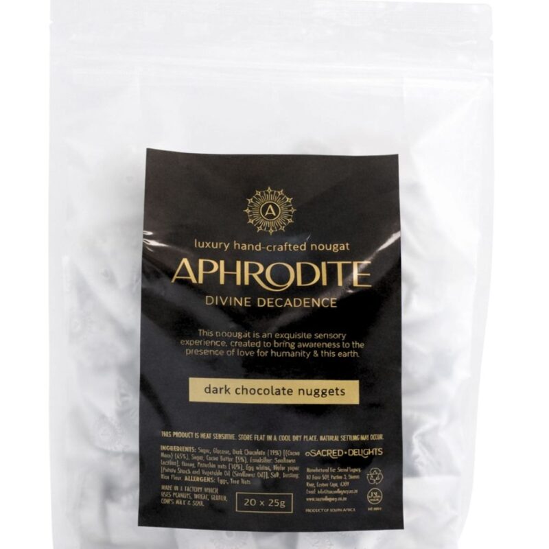 Aphrodite Dark Chocolate Nougat nuggets bulk bag of 20 x 25g handcrafted pieces by Sacred Delights, South Africa