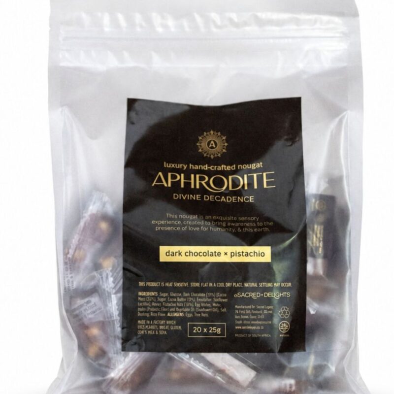 Aphrodite Luxury Dark Chocolate Pistachio Nougat bulk bag of 20 x 25g handcrafted bars by Sacred Delights, South Africa