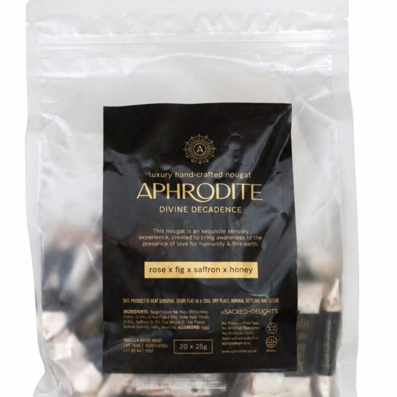 Aphrodite Saffron Rose Fig and Honey Nougat bulk bag of 20 x 25g handcrafted bars by Sacred Delights, South Africa