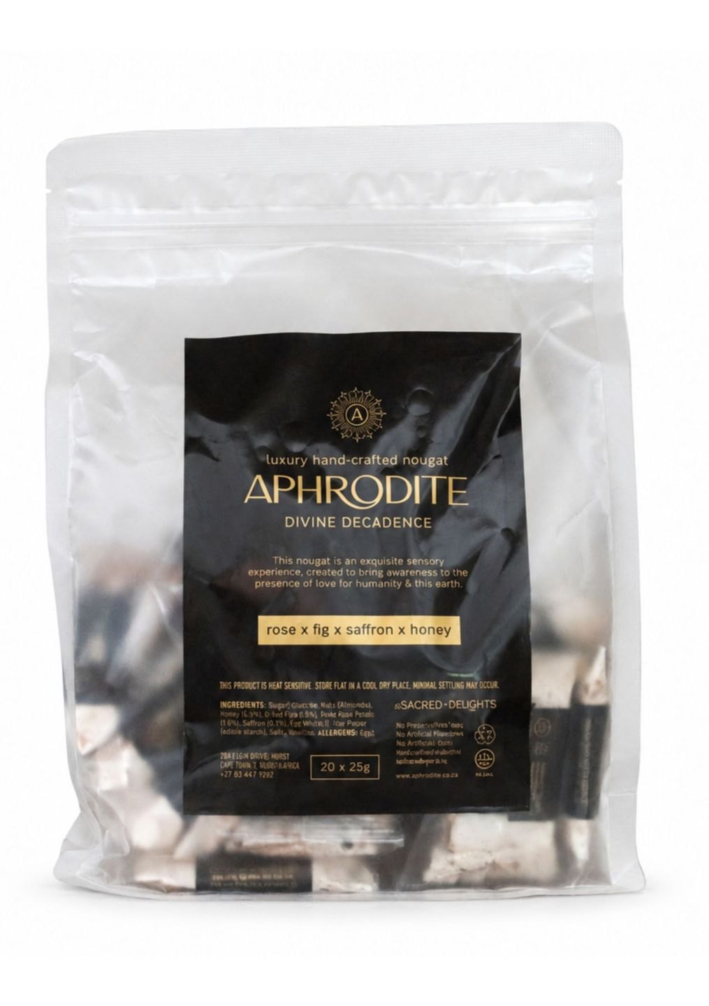 Aphrodite Saffron Rose Fig and Honey Nougat bulk bag of 20 x 25g handcrafted bars by Sacred Delights, South Africa
